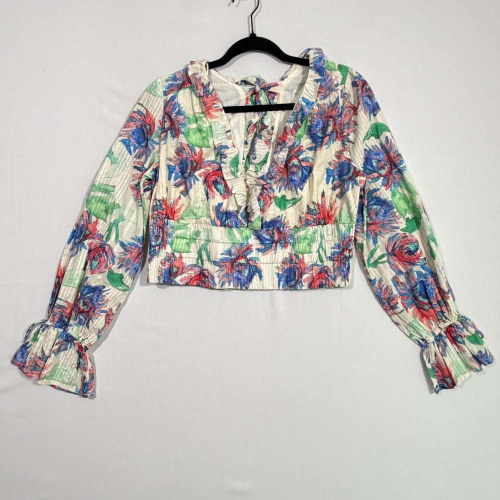 Anthropologie Women Floral Ruffle Smocked Crop Blouse Multicolor M Long Sleeve